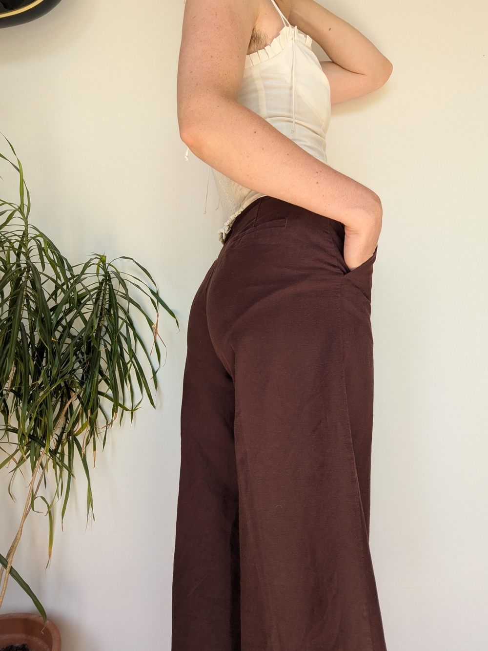 H&M Chocolate Brown Cropped Wide-Leg Linen-blend Trousers - Size 0